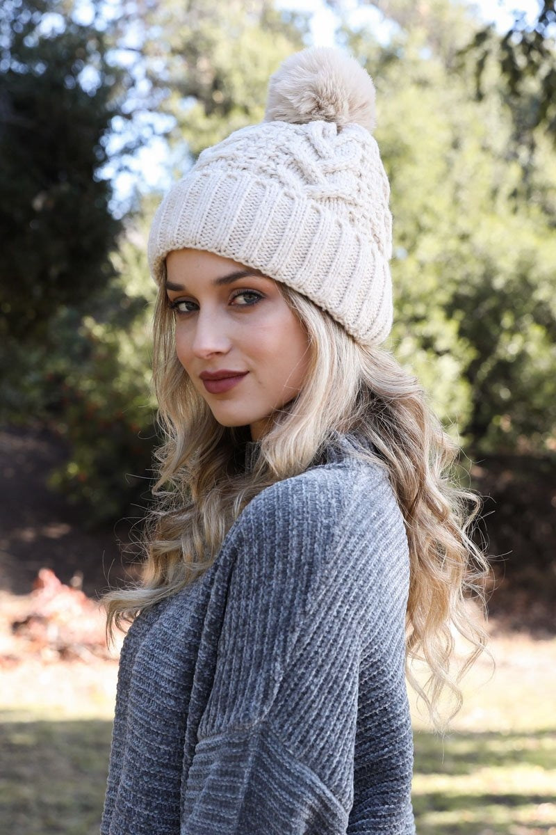 Cable Knit Pom Beanie Hats & Hair