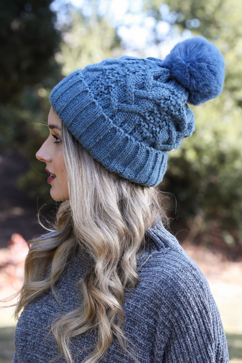 Cable Knit Pom Beanie Hats & Hair