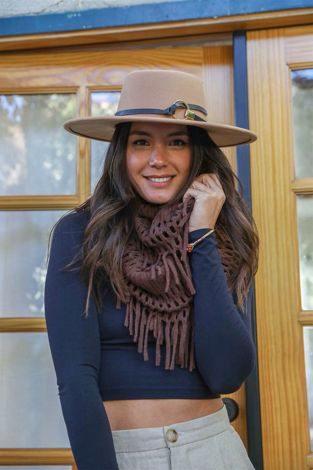 Chenille Tassel Infinity Scarf Scarves Brown