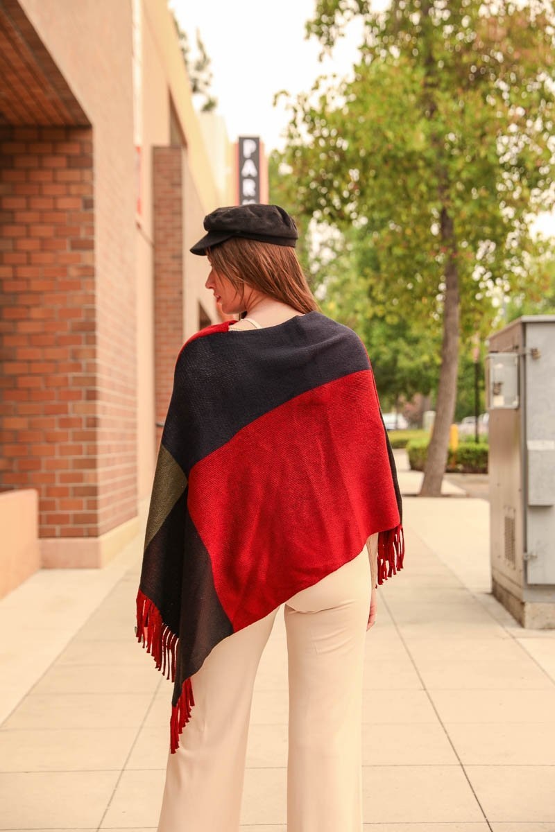 Color Block Tasseled Poncho Ponchos