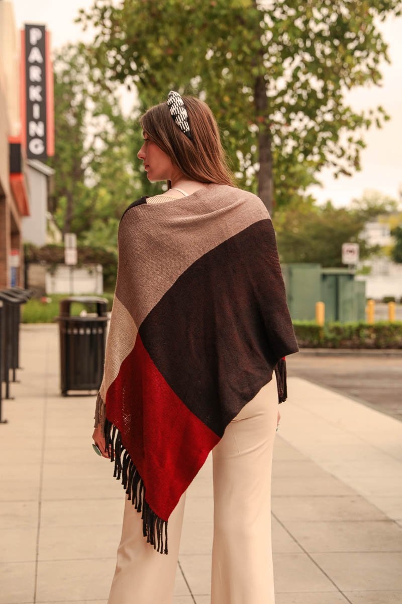 Color Block Tasseled Poncho Ponchos