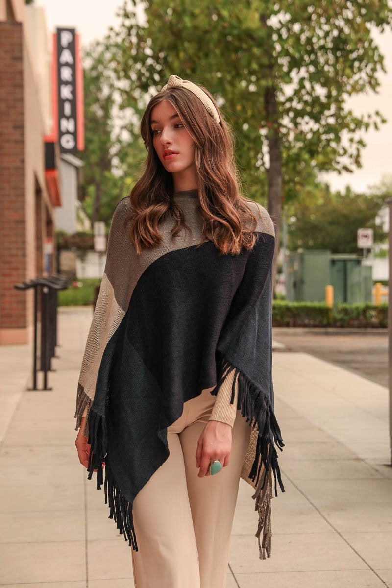 Color Block Tasseled Poncho Ponchos Navy/Teal