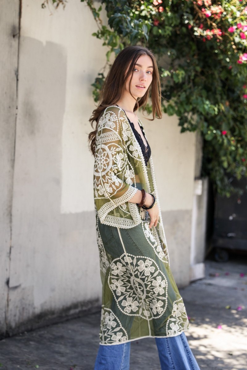 Contrast Mesh Cotton Lace Kimono