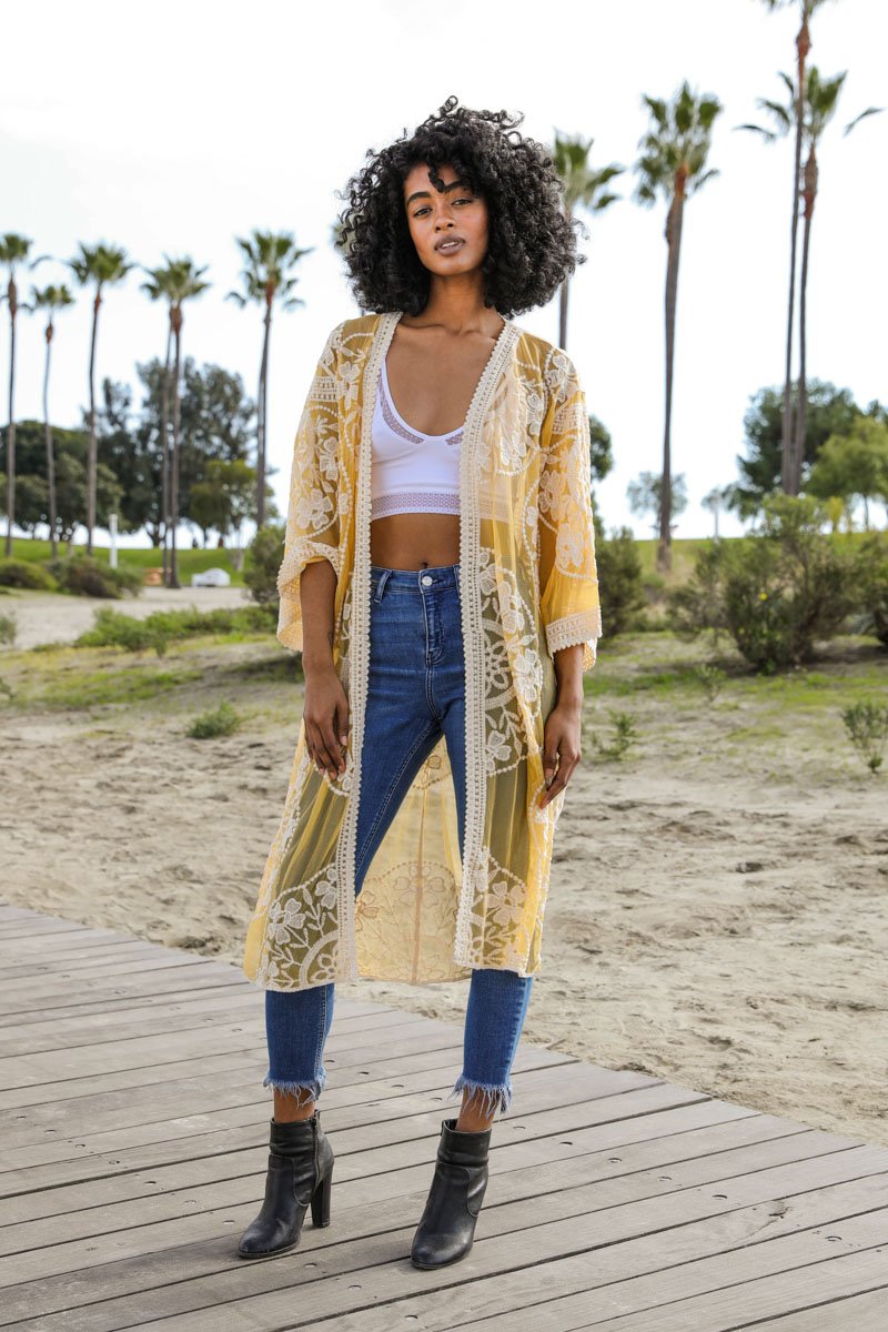 Contrast Mesh Cotton Lace Kimono Mustard