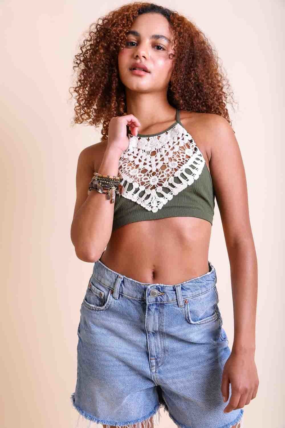 Crochet Lace High Neck Bralette XS/S / Olive