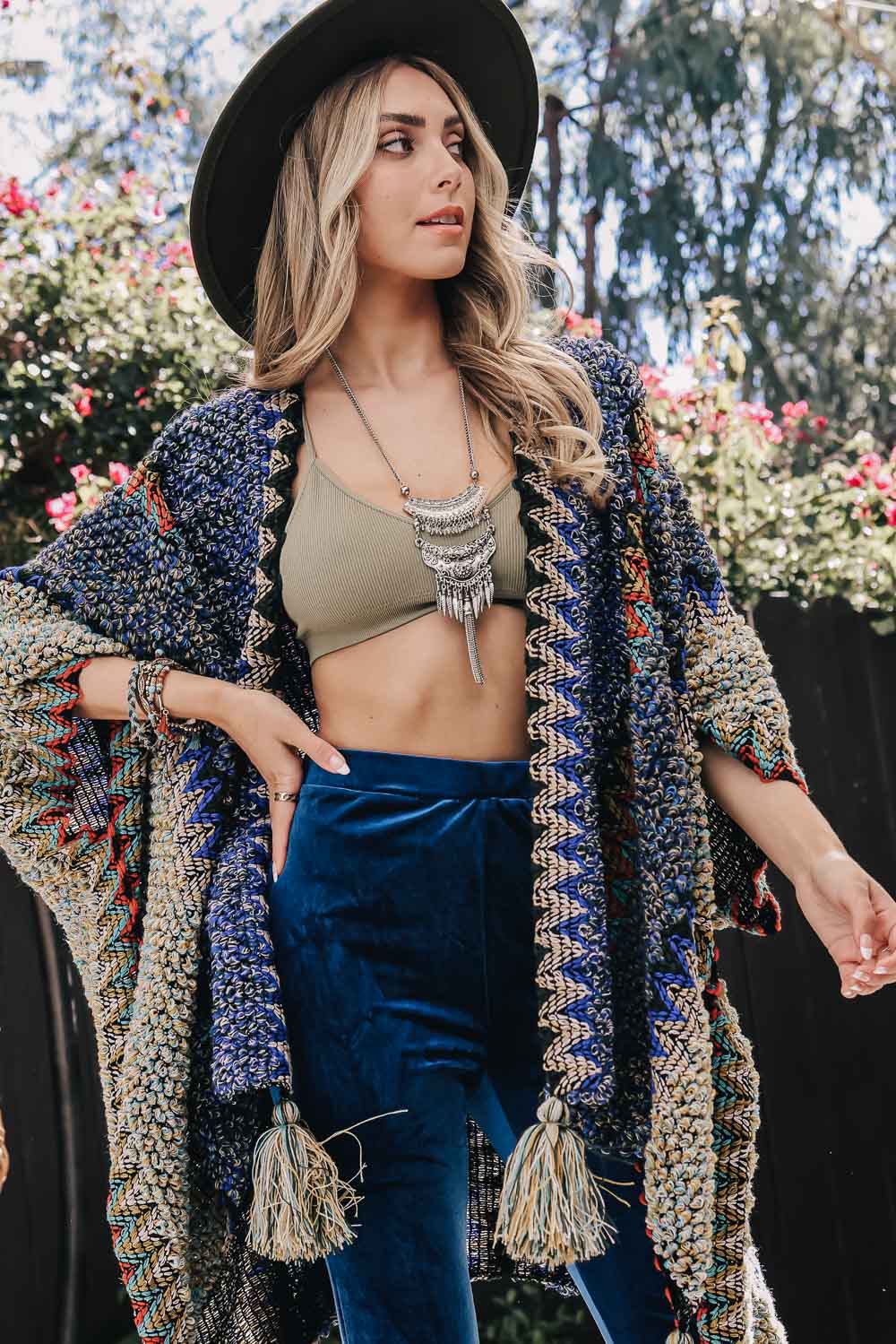 Crochet Patterned Ruana with Tassels Ponchos Cobalt