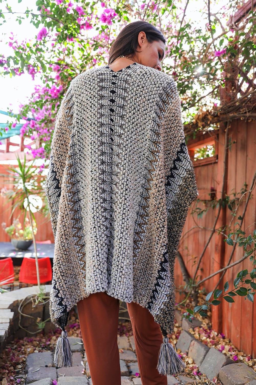 Crochet Patterned Ruana with Tassels Ponchos