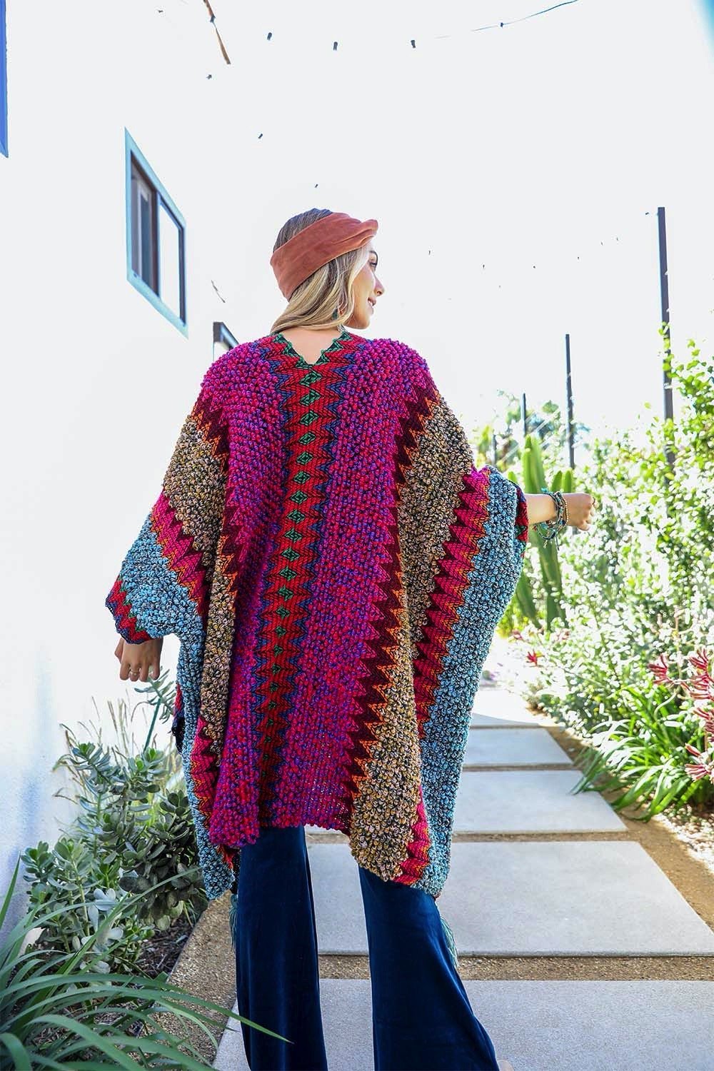 Crochet Patterned Ruana with Tassels Ponchos