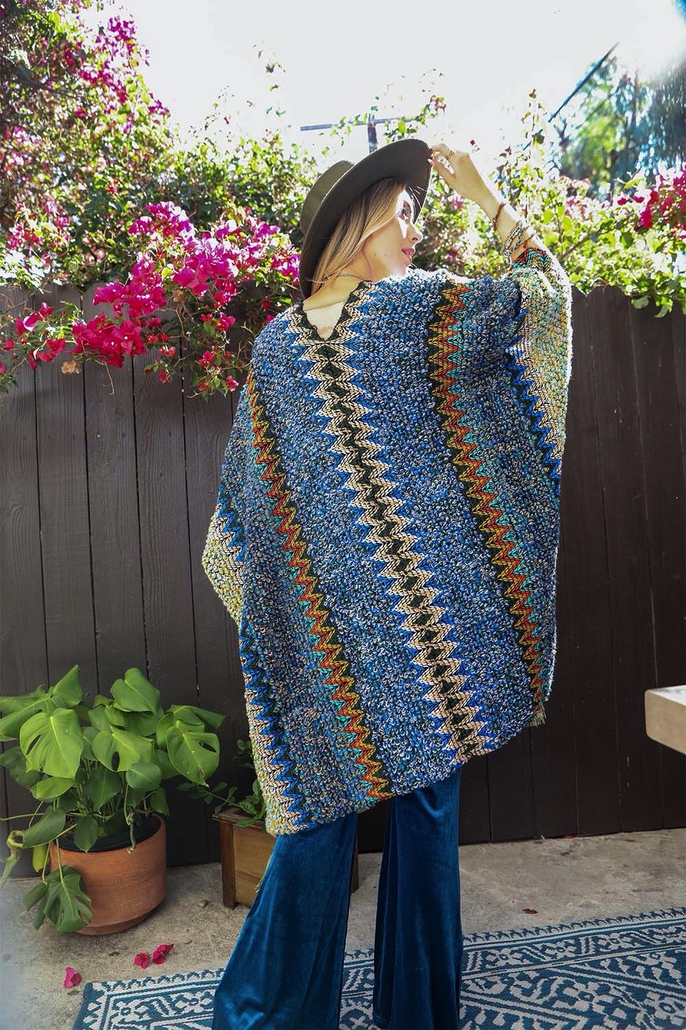 Crochet Patterned Ruana with Tassels Ponchos