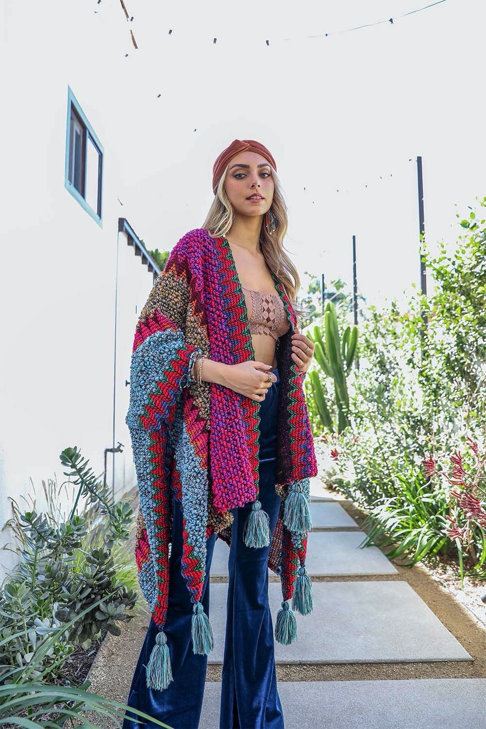 Crochet Patterned Ruana with Tassels Ponchos Magenta