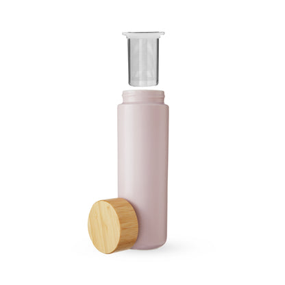 Pink Tea infuser bottle with bamboo cap and metal filter on a white background