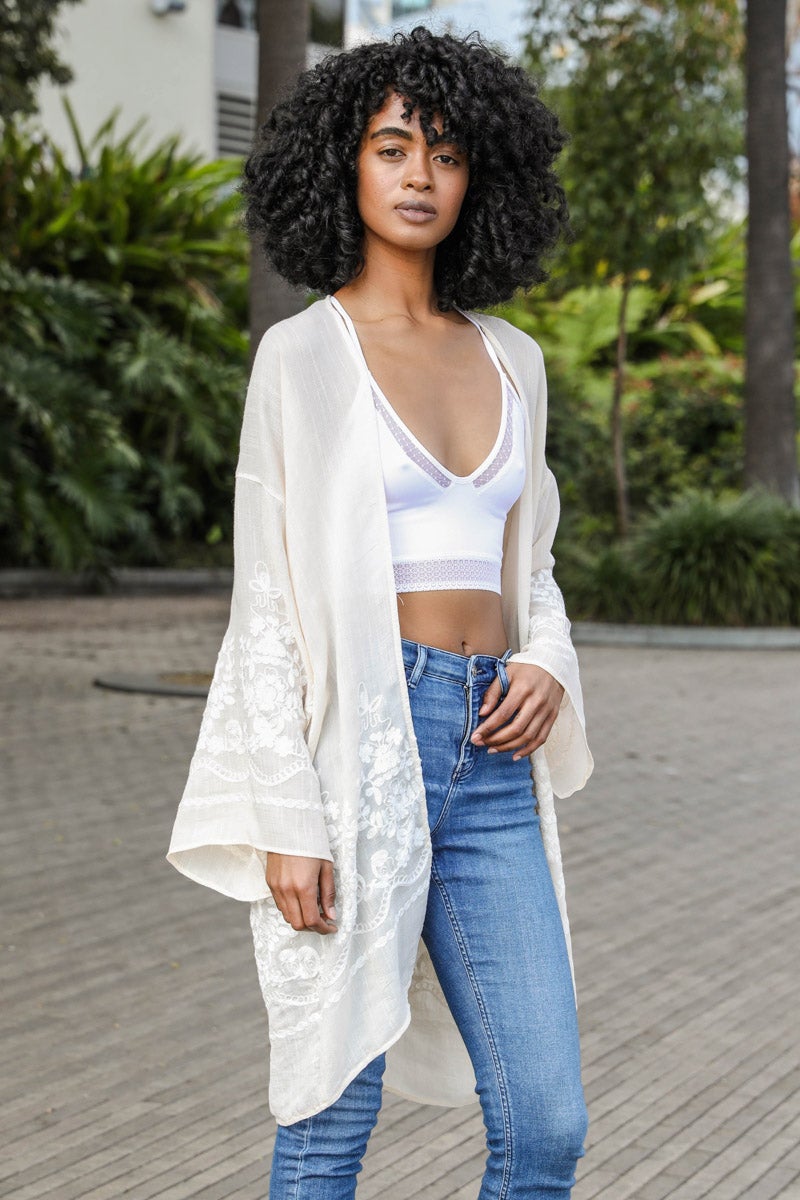 Embroidered Floral Vine Kimono Cream