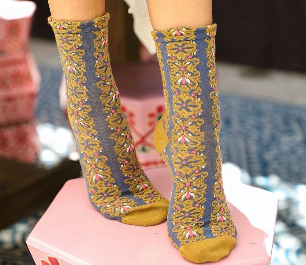 Embroidered Flower Pattern Socks Mustard