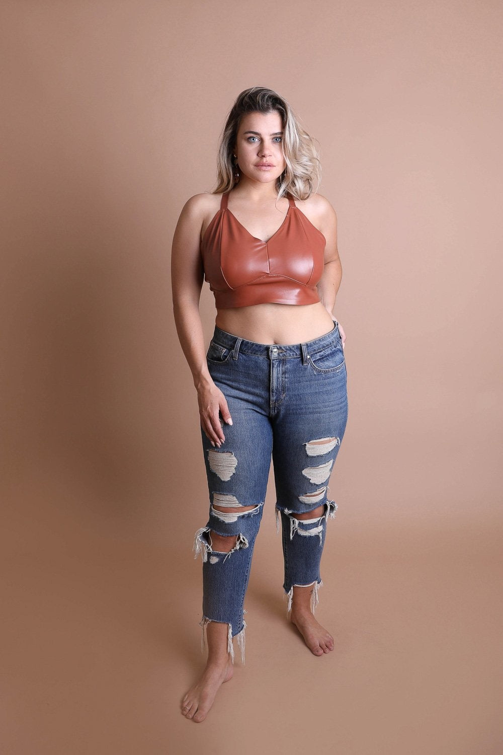 Faux Leather Longline Bralette XL / Cognac