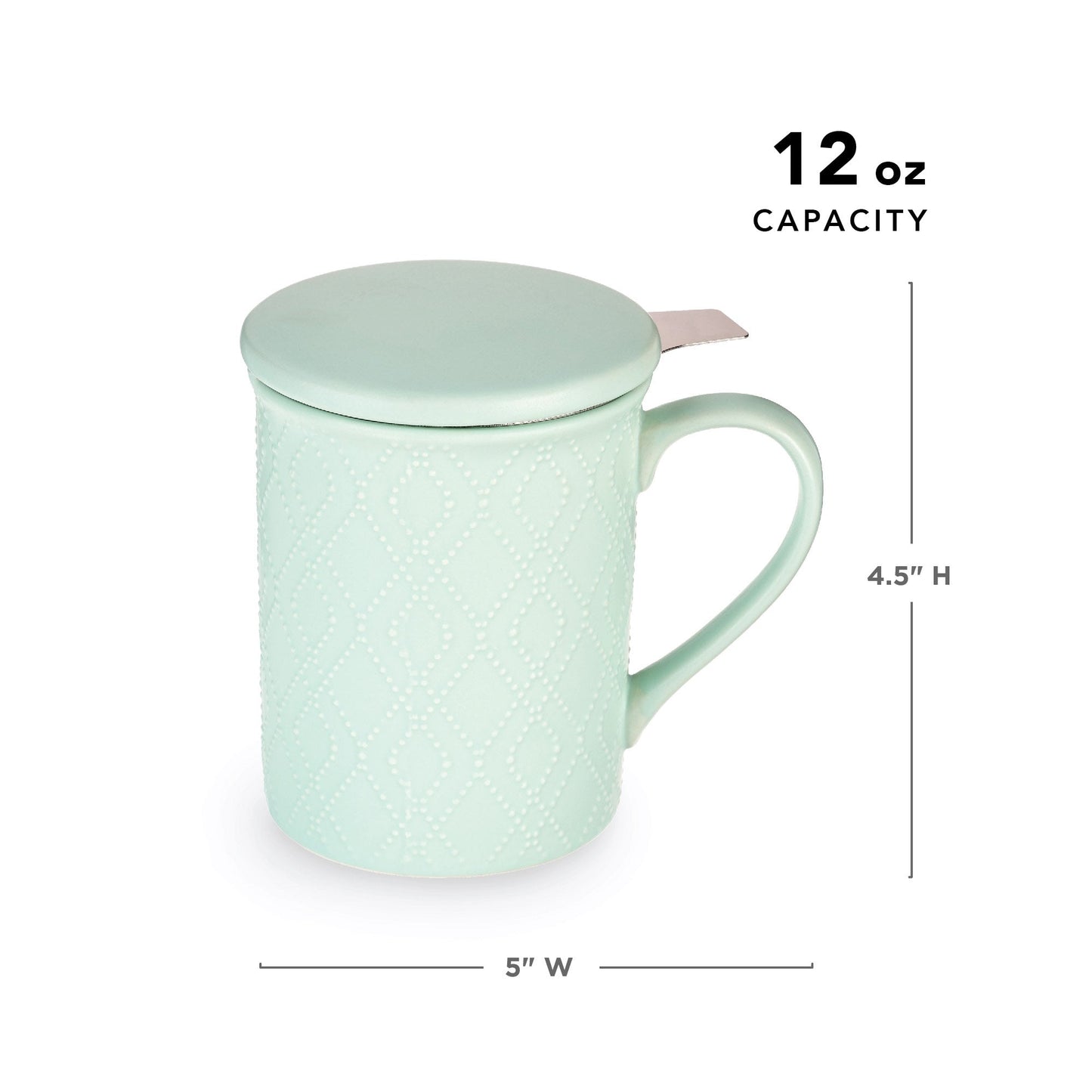 Mint green mug with metal tea infuser  lid and measurements on a white background