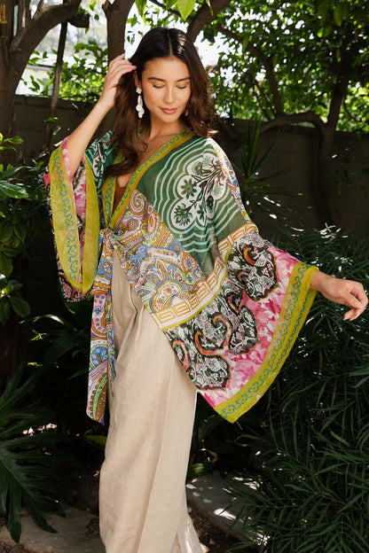 Free Spirit Boho Tie Front Wrap w/ Armholes Kimono One Size
