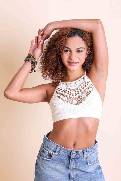 Breathable ivory lace high neck crochet bralette plus size fit.
