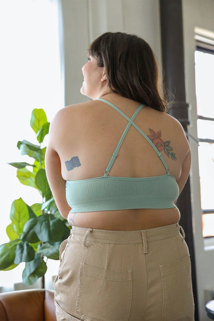 High neck sage lace crochet bralette plus size with soft comfort.