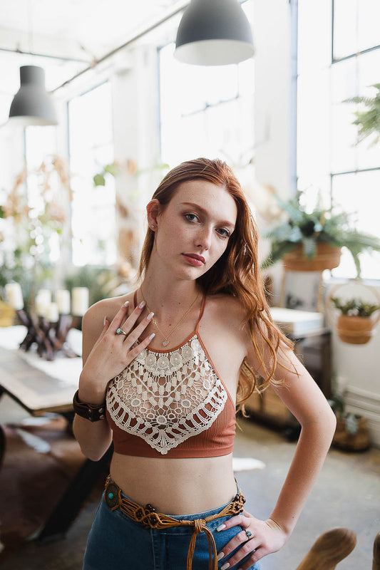 High Neck Crochet Lace Bralette XS/S / Rust