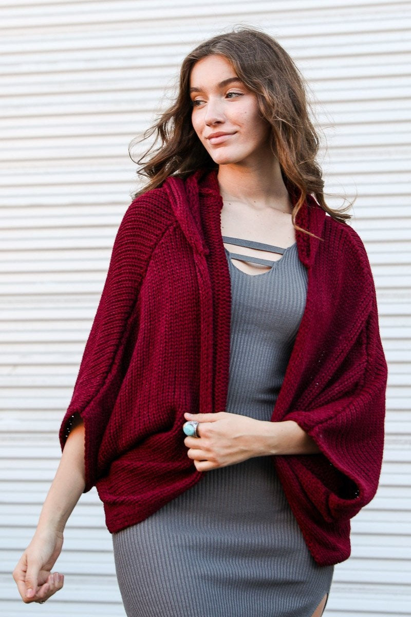 Hooded Rib Knit Cardigan Ponchos Burgundy