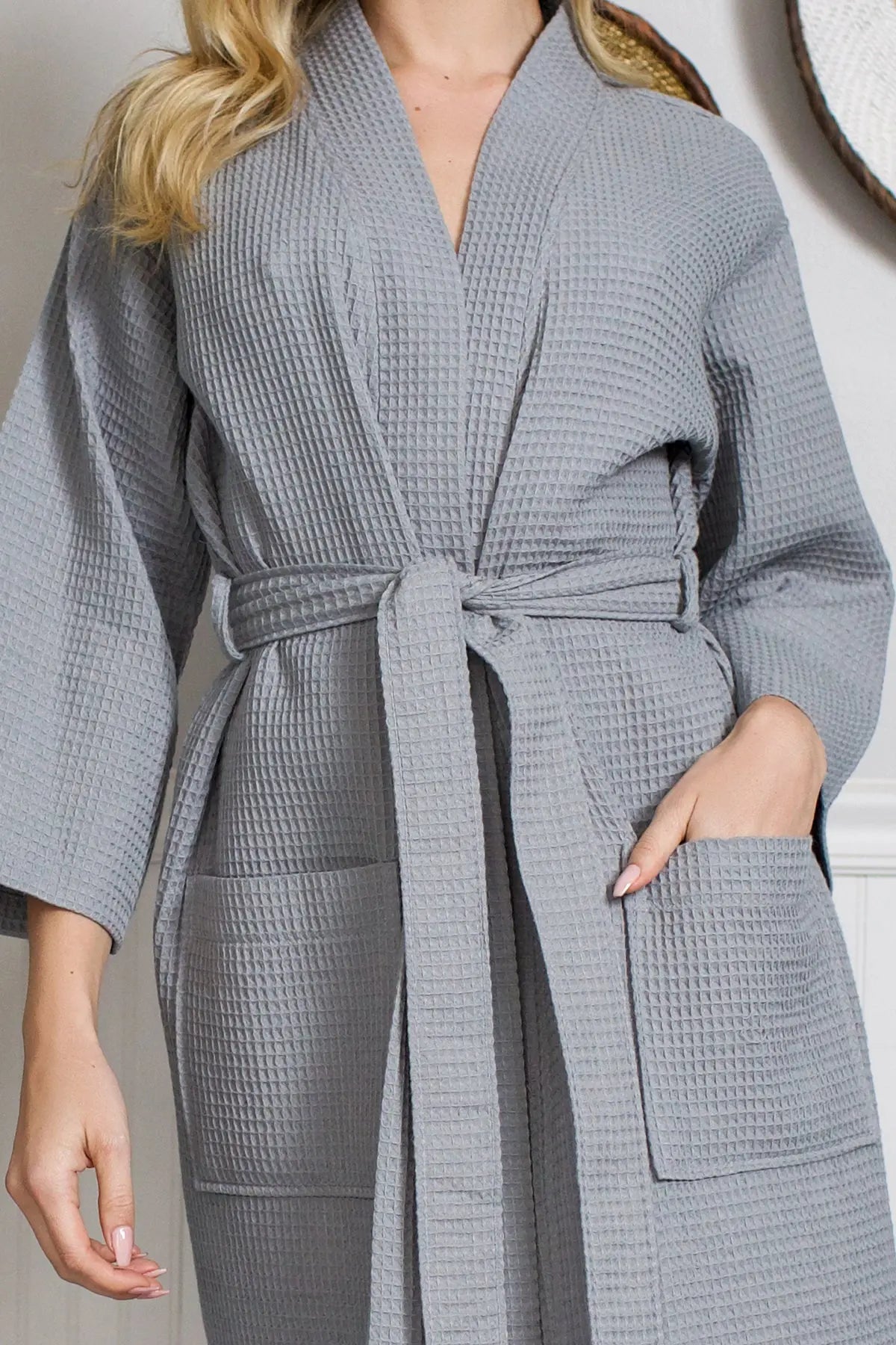 Gray Waffle Kimono Knee-Length robe worn by a person on a plain background