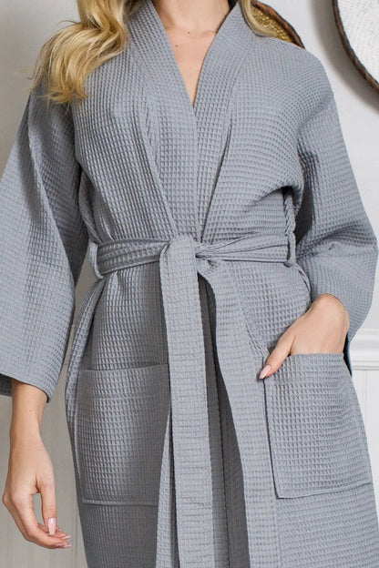 Gray Waffle Kimono Knee-Length robe worn by a person on a plain background