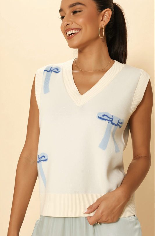 All Over Bow Knit Vest | Soft Pastel V-Neck Sweater Vest with Bow Design | Cute Feminine Layer for Every Season