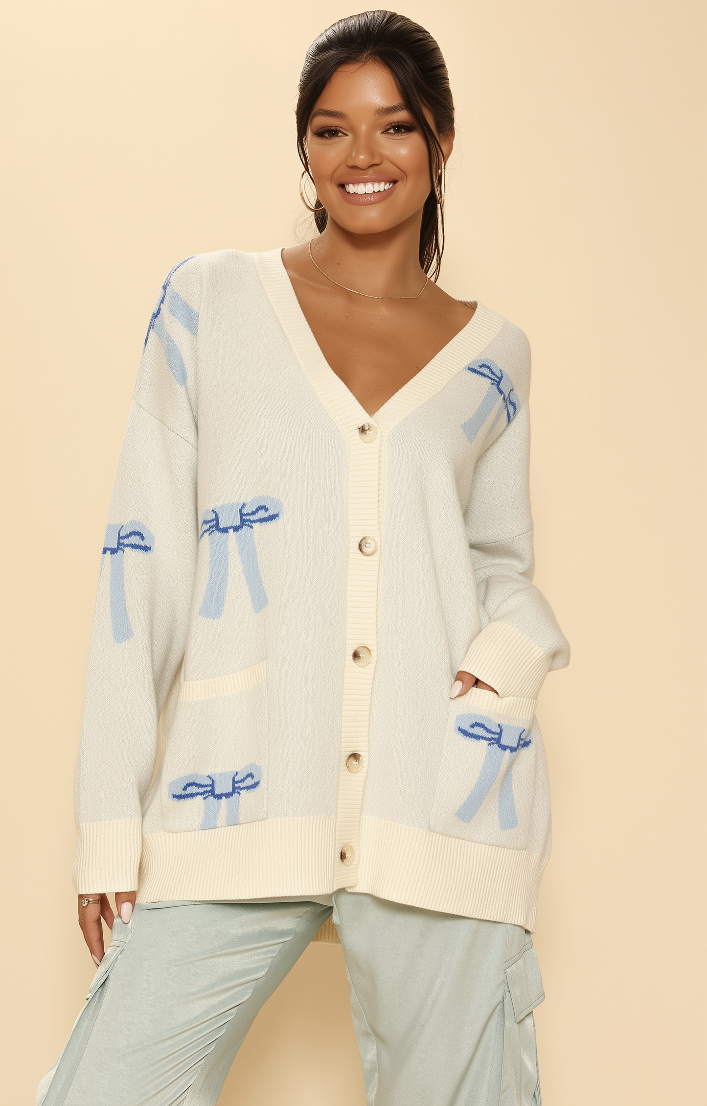 All Over Bow Knit Cardigan | Soft Oversized Sweater with Pockets – Hashtag Cozy