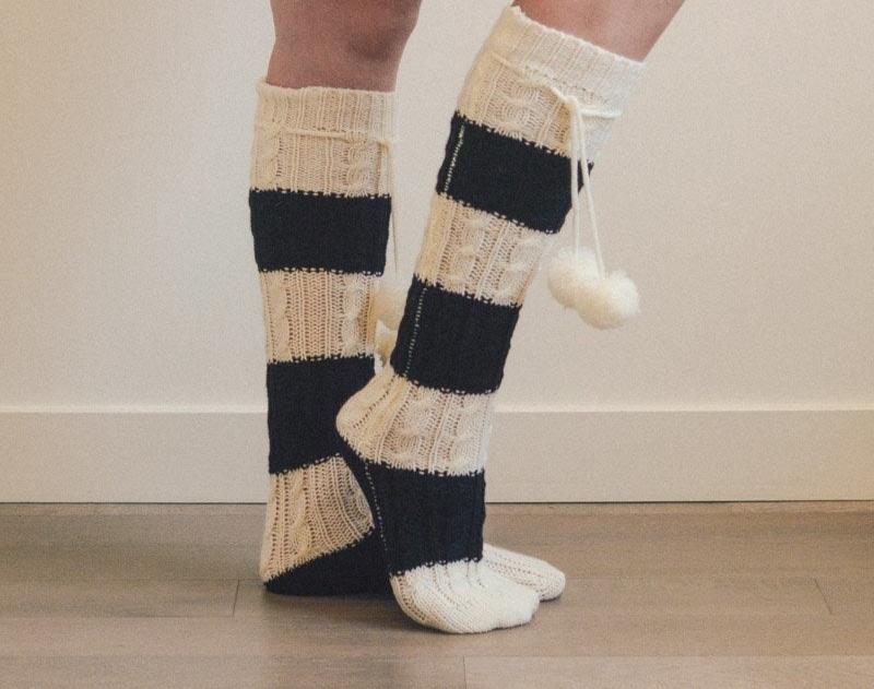 Knee High Striped Pom Socks Hats & Hair Black/White