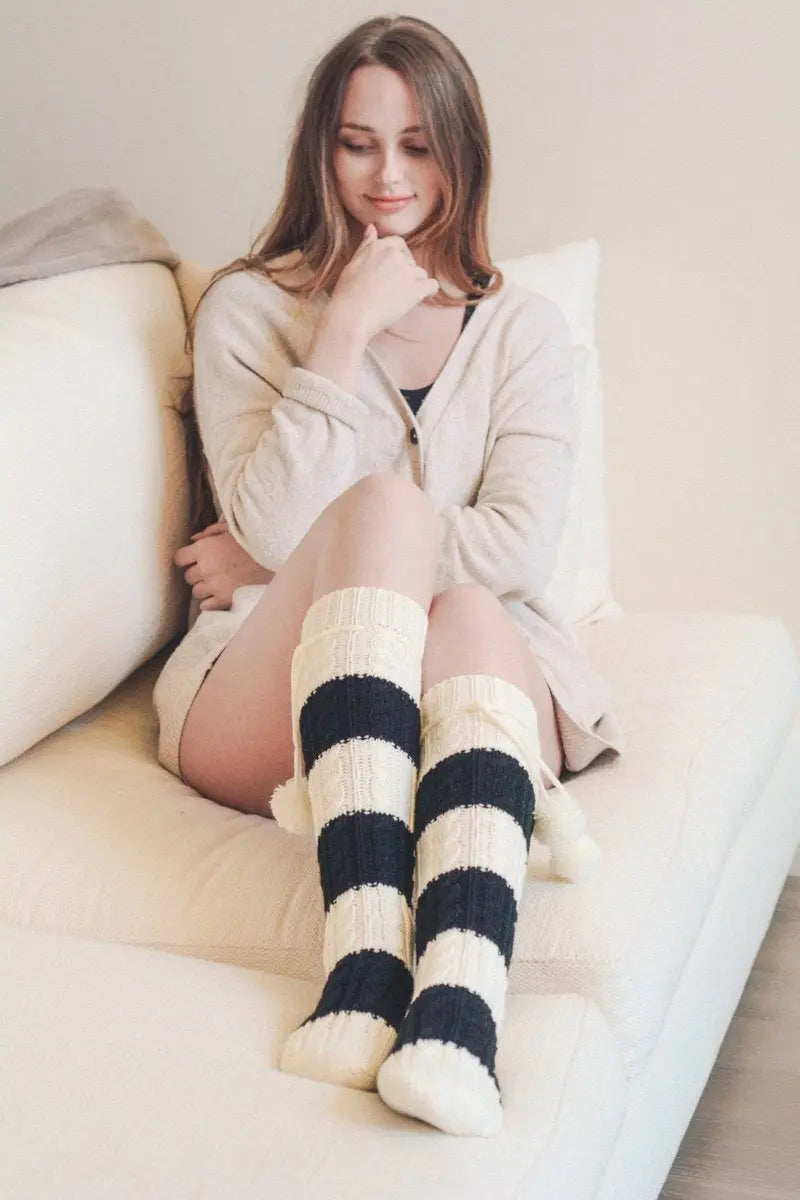 Knee High Striped Pom Socks