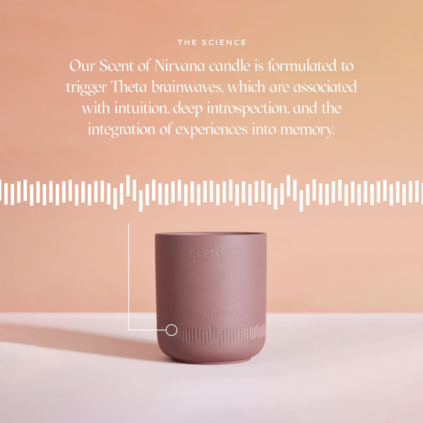 Pink candle with text about scent and brainwaves on a peach background