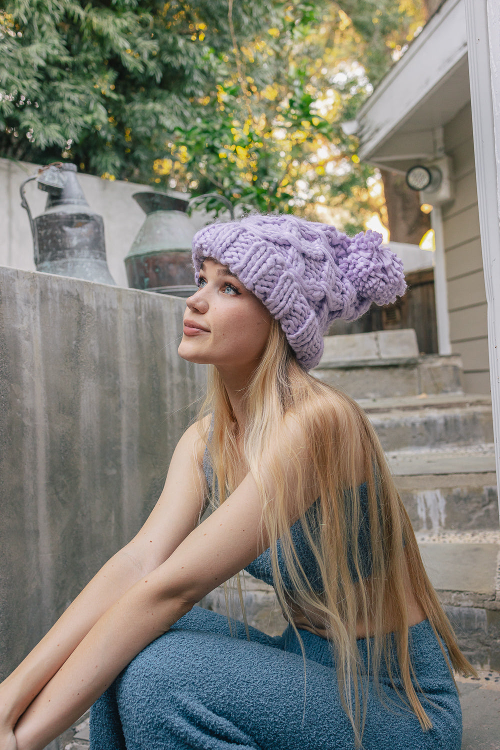 Oversized Chunky Knit Pom Beanie Beanies Lavender