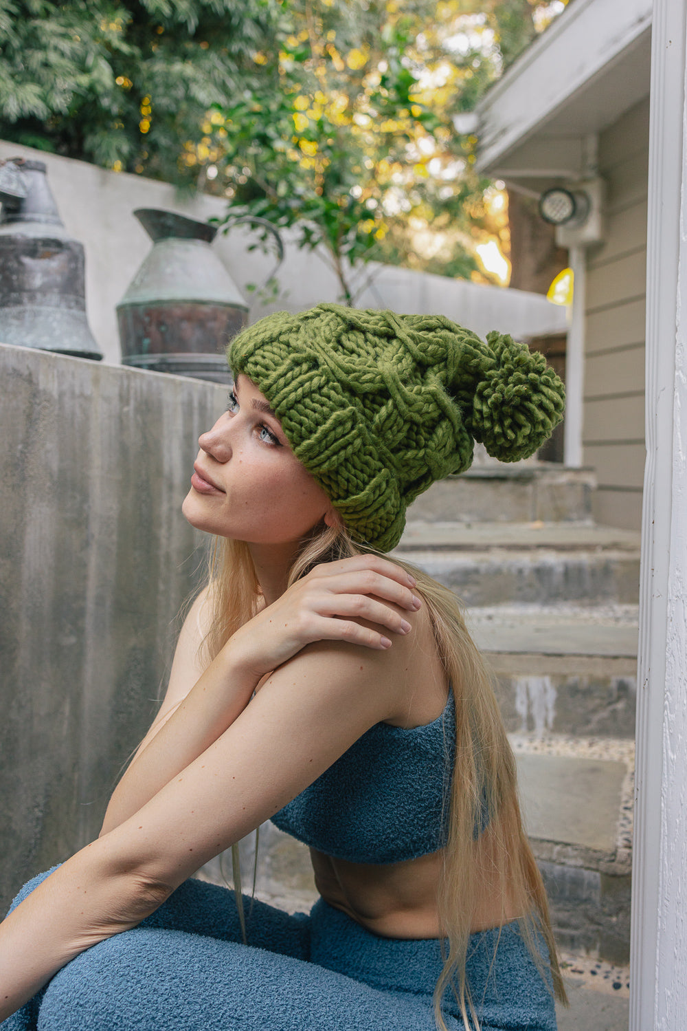 Oversized Chunky Knit Pom Beanie Beanies Olive