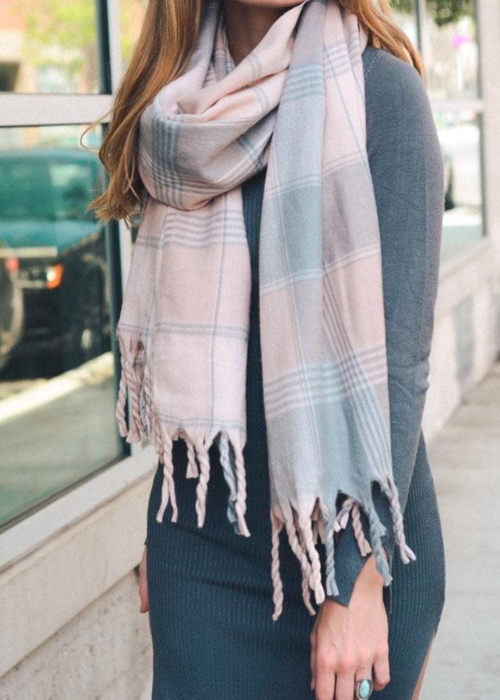 Oversized Flannel Tassel Scarf Scarves Pink