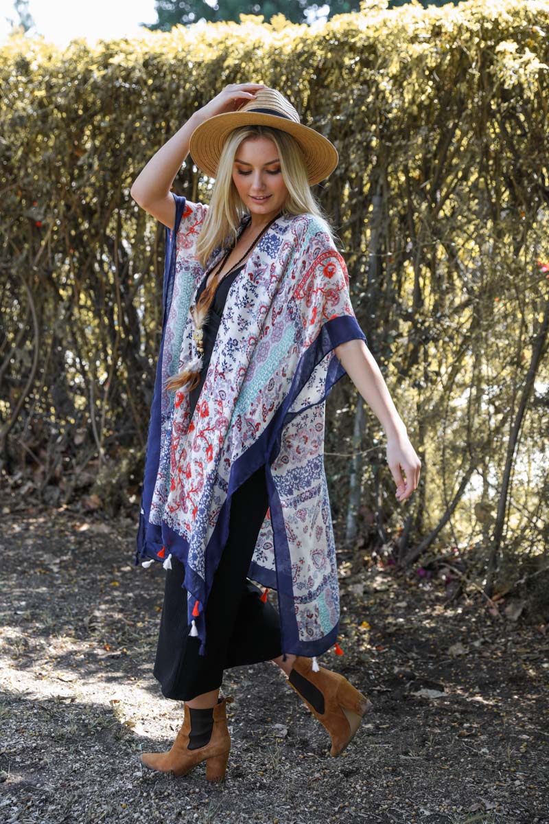 Paisley Floral Patchwork Kimono Navy