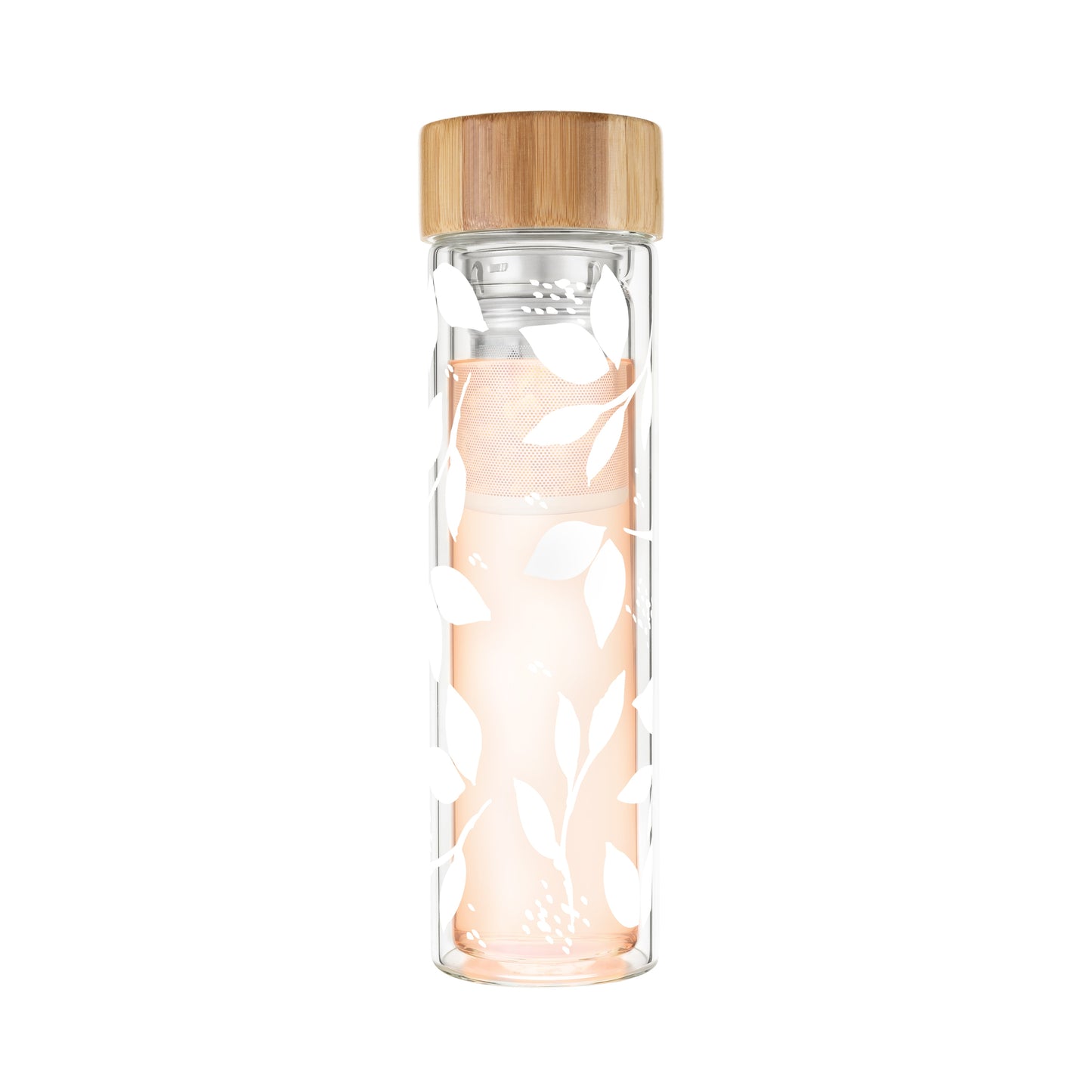 Blair: White Leaf Pattern Glass Travel Infuser Mug