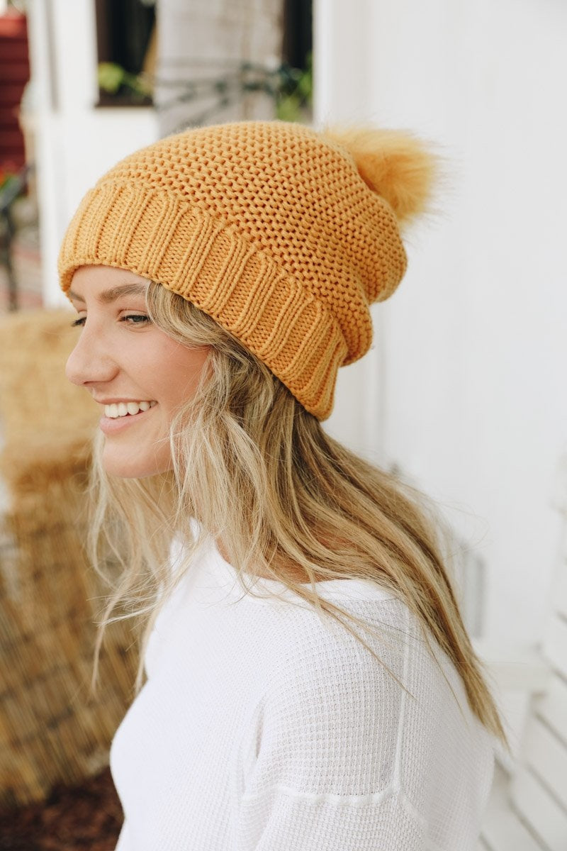 Pom Beanie with Faux Sherpa Lining Hats & Hair Mustard