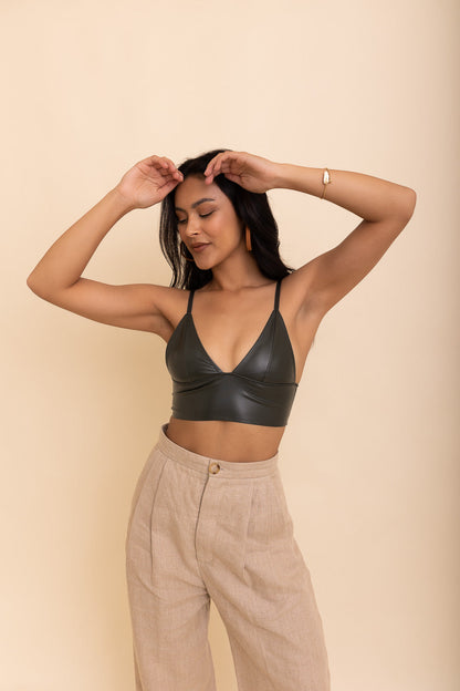 Posh Faux Leather Longline Bralette Small / Olive