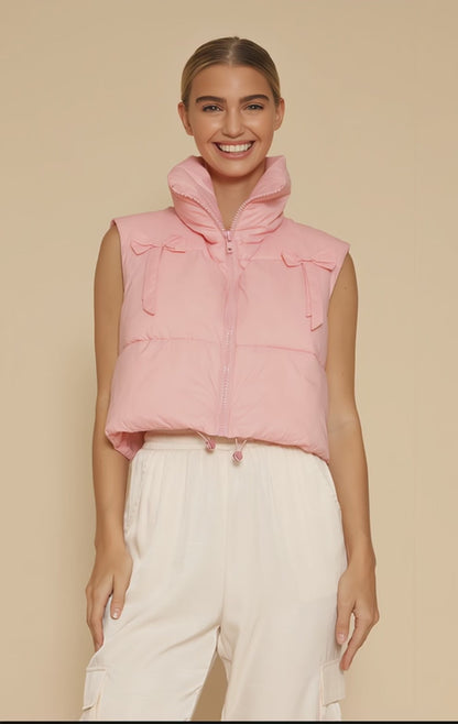 Pink Bow Cropped Puffer Vest