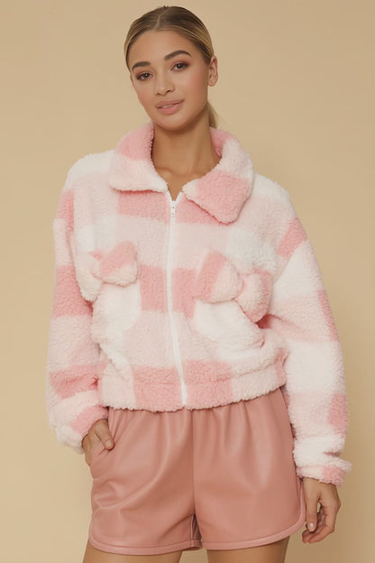 💕 Sherpa Bow Zip-Up Jacket – Pink & White Check Cozy Statement Piece