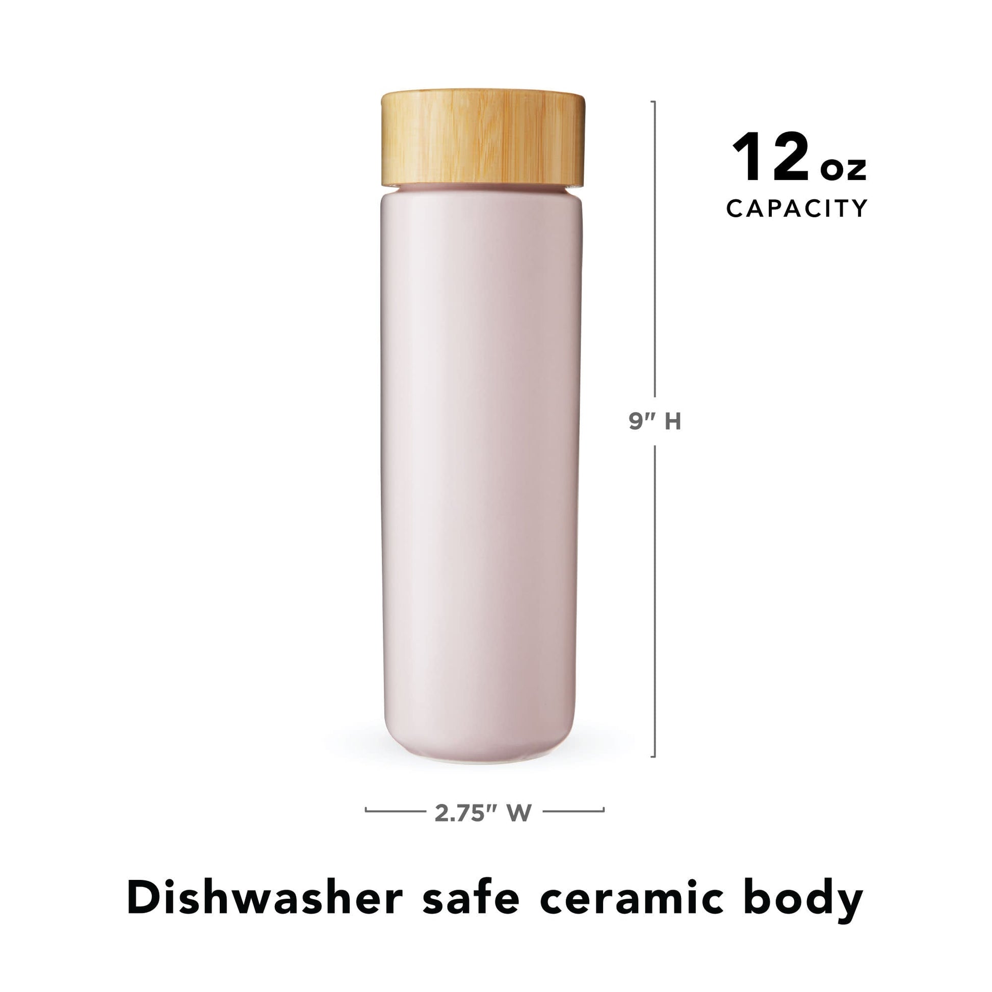 Pink ceramic tea bottle with wooden cap and measurements; 12oz capacity, 9"x2.75 on white background 