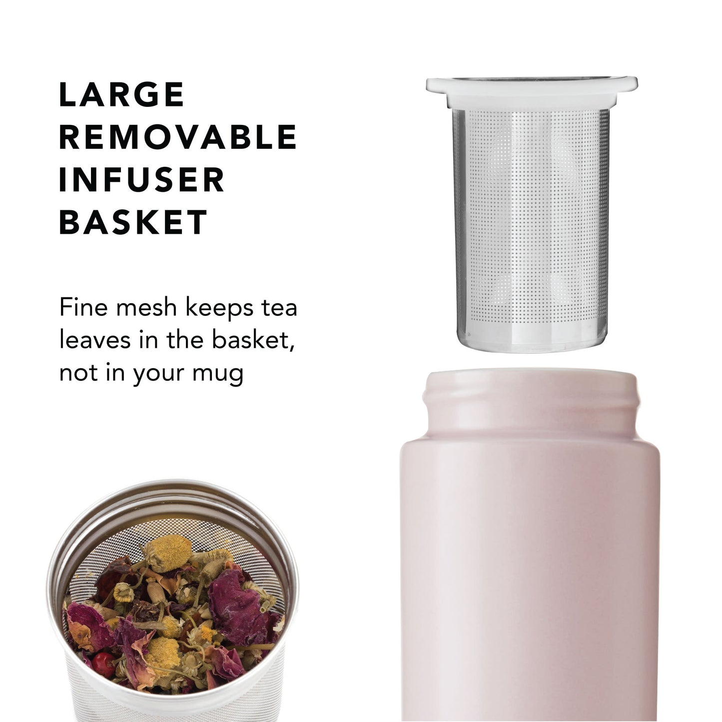 Tea infuser basket with text explaining its function on a white background