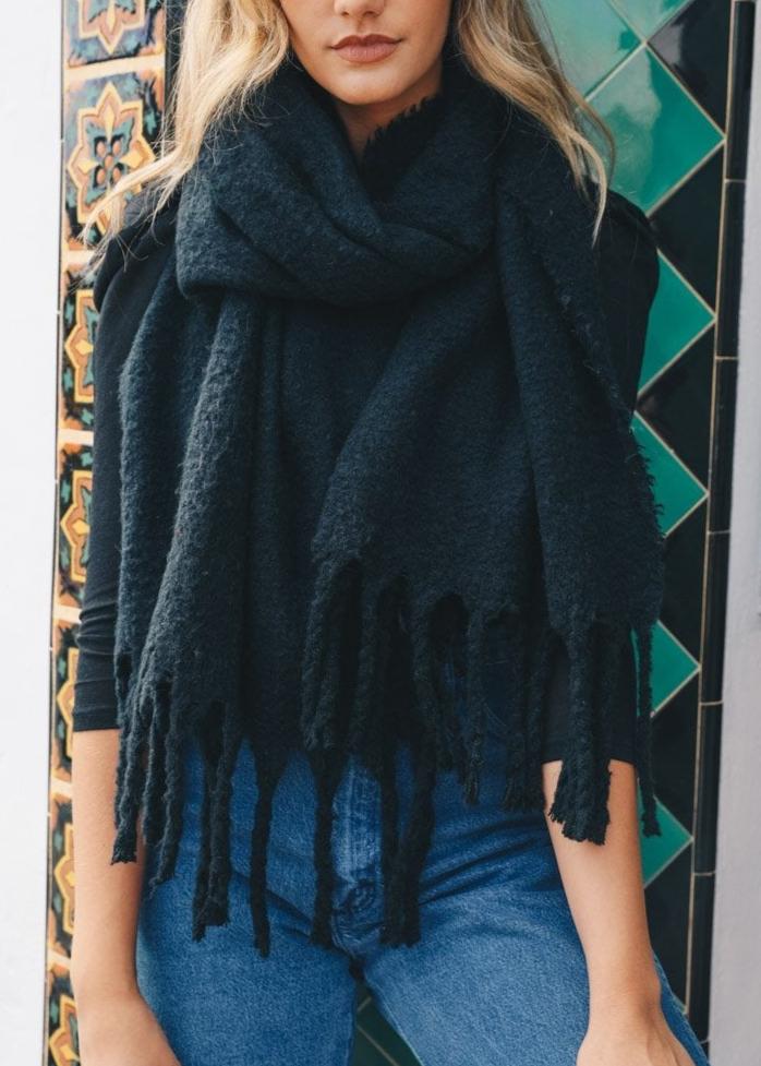 Tassel Trim Blanket Scarf Scarves Black