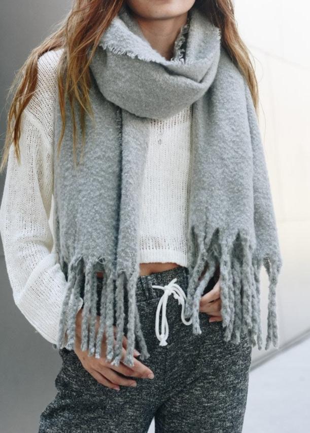 Tassel Trim Blanket Scarf Scarves Gray