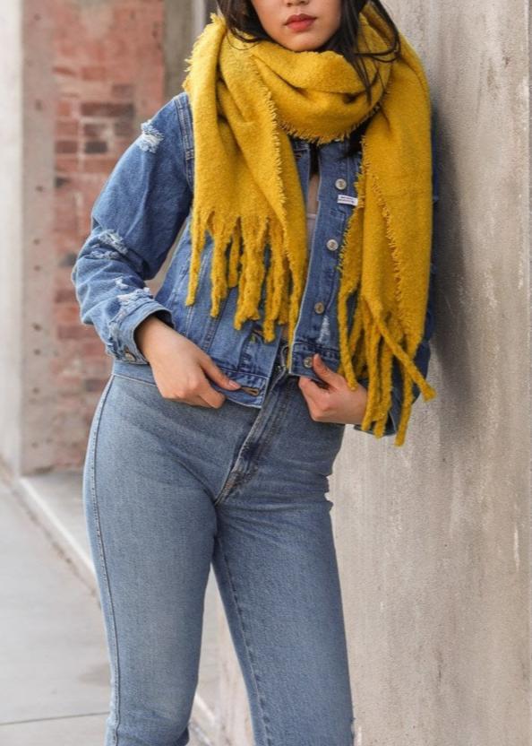 Tassel Trim Blanket Scarf Scarves Mustard