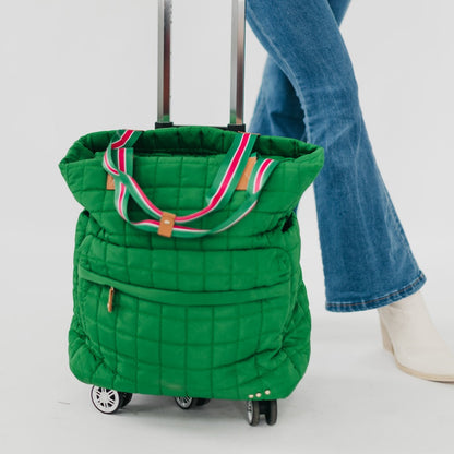 Green quilted rolling backpack with a striped handle on a white background