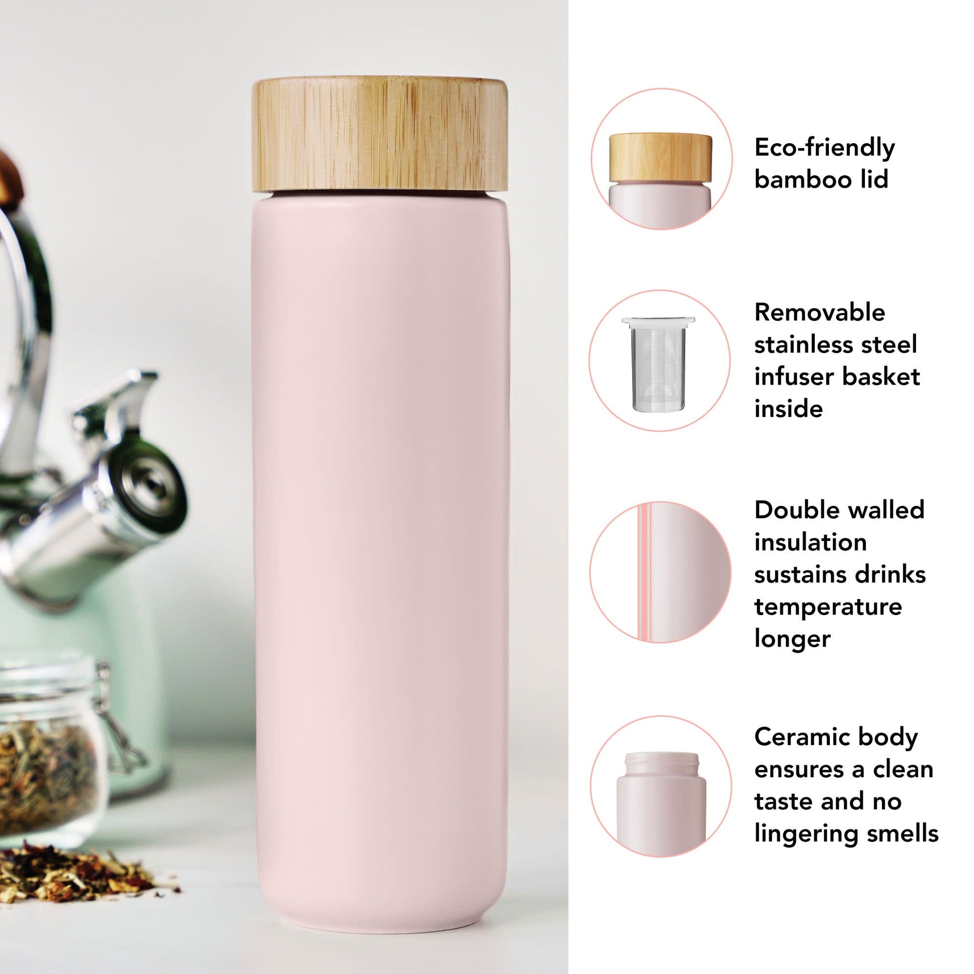 Pink Tea infuser bottle with bamboo lid on a white background, featuring text about its features. ceramic body, removable steel infuser basker inside