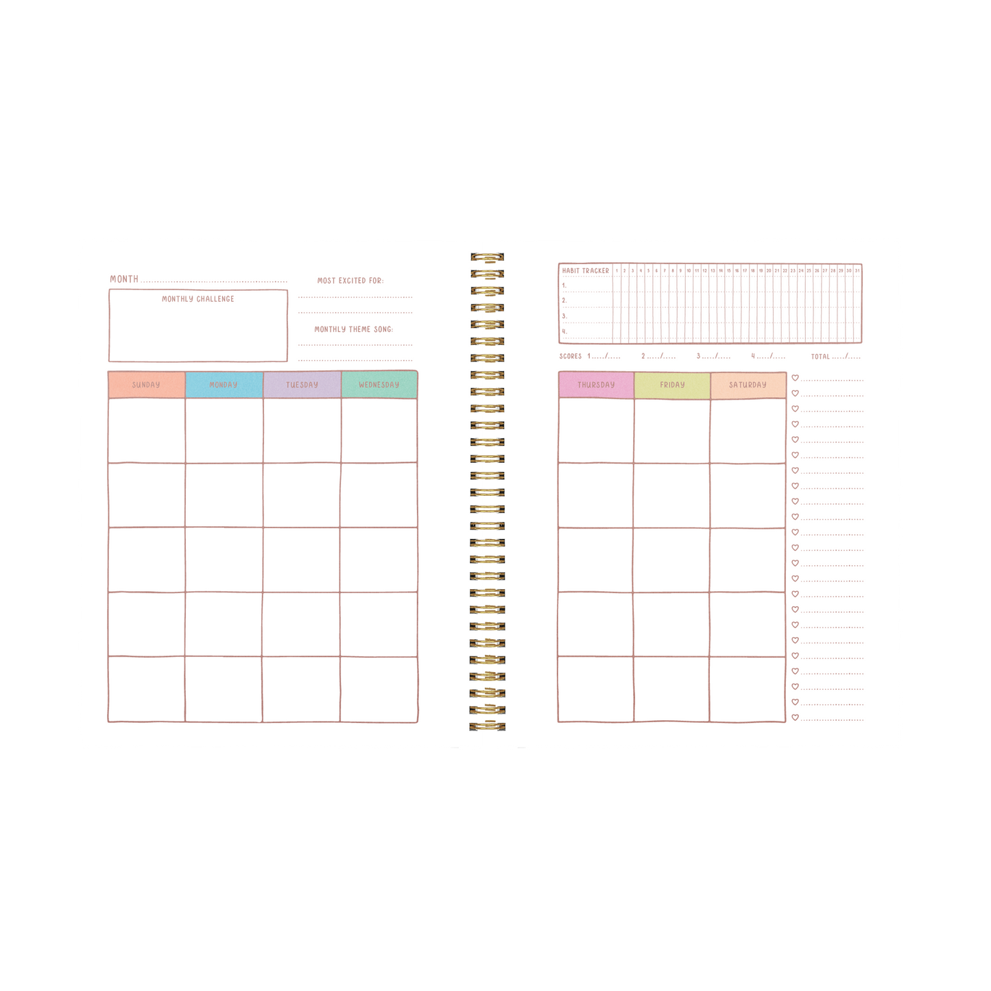 Spiral-bound planner with grid and checklist layout on white background