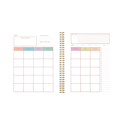 Spiral-bound planner with grid and checklist layout on white background