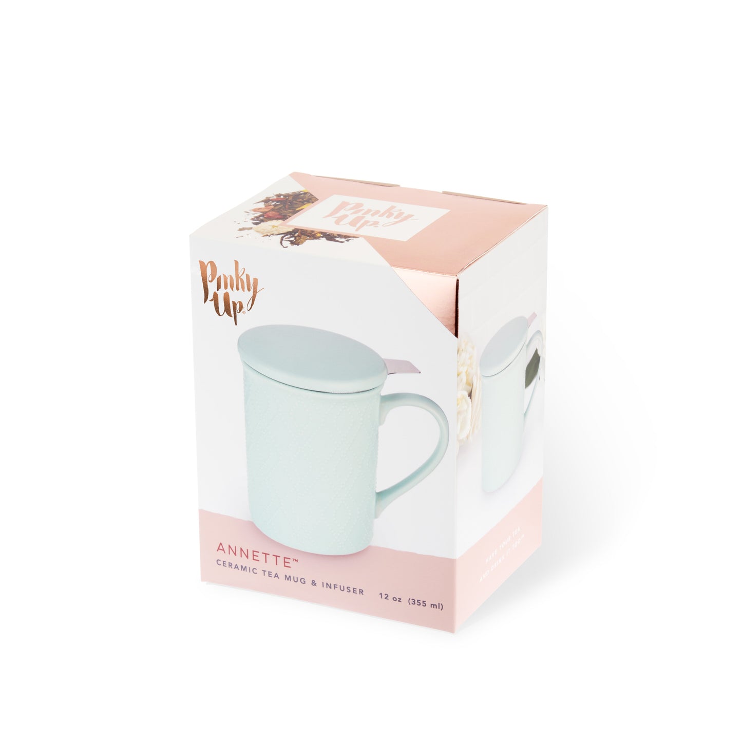 Boxed ceramic tea mug and infuser with 'Pinkie Up' branding on a white background